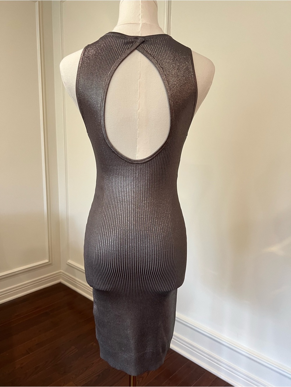 bebe Metallic Gunmetal Ribbed Bodycon Dress Cutout Back Y2K Sz XS - Picture 3 of 8